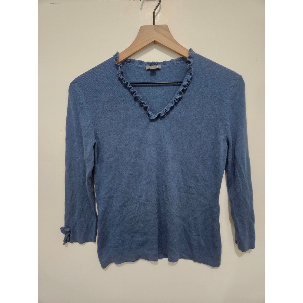 Ann Taylor Silk Cashmere Blend Ruffle V-Neck Bow Cuff Sweater Blue Medium‎